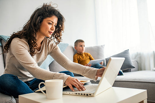 busy mom works in a tight space